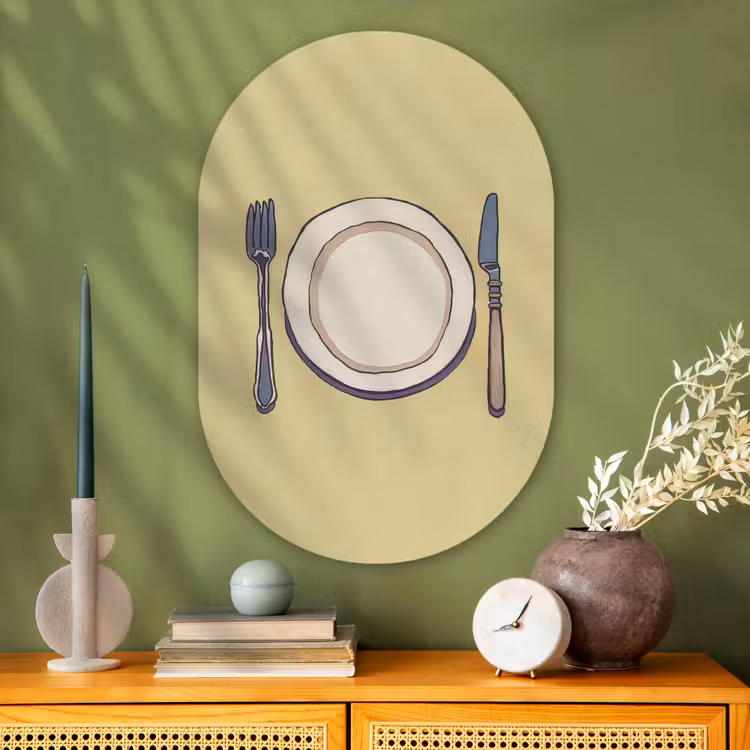 Muurovaal - Glas - Illustratie - Bord - Bestek - Beige — 2