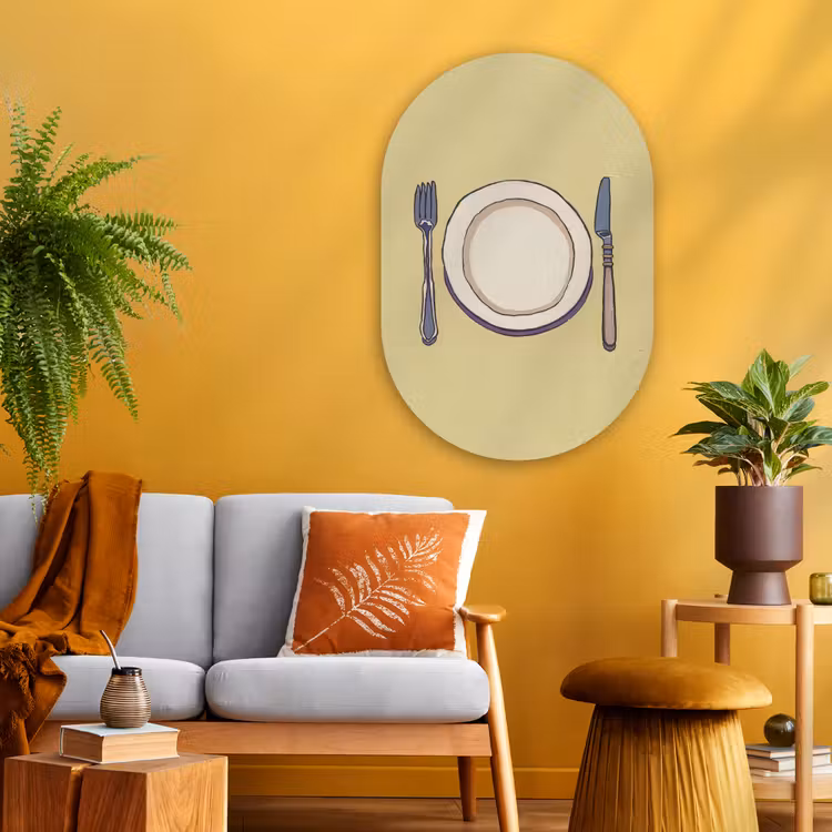 Muurovaal - Glas - Illustratie - Bord - Bestek - Beige — 3