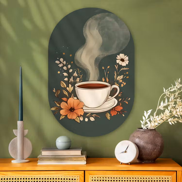 Muurovaal - Glas - Kop - Bloemen - Groen - Koffie — 2