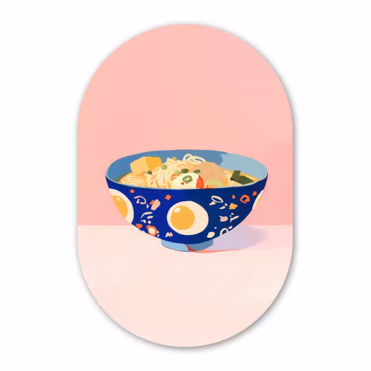 Muurovaal - Glas - Noodles - Kom - Blauw - Illustratie — 1