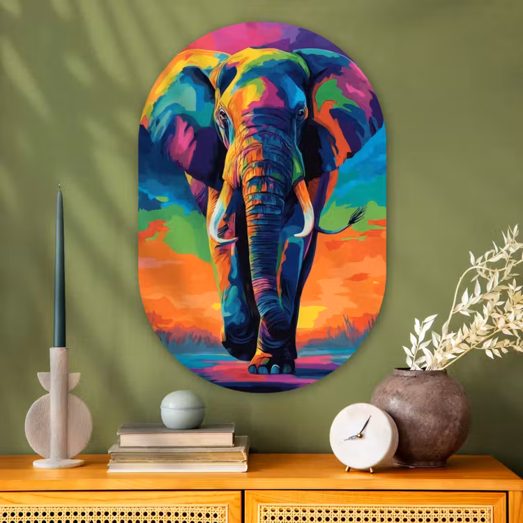 Muurovaal - Glas - Olifant - Kleurrijk - Lucht - Abstract — 2