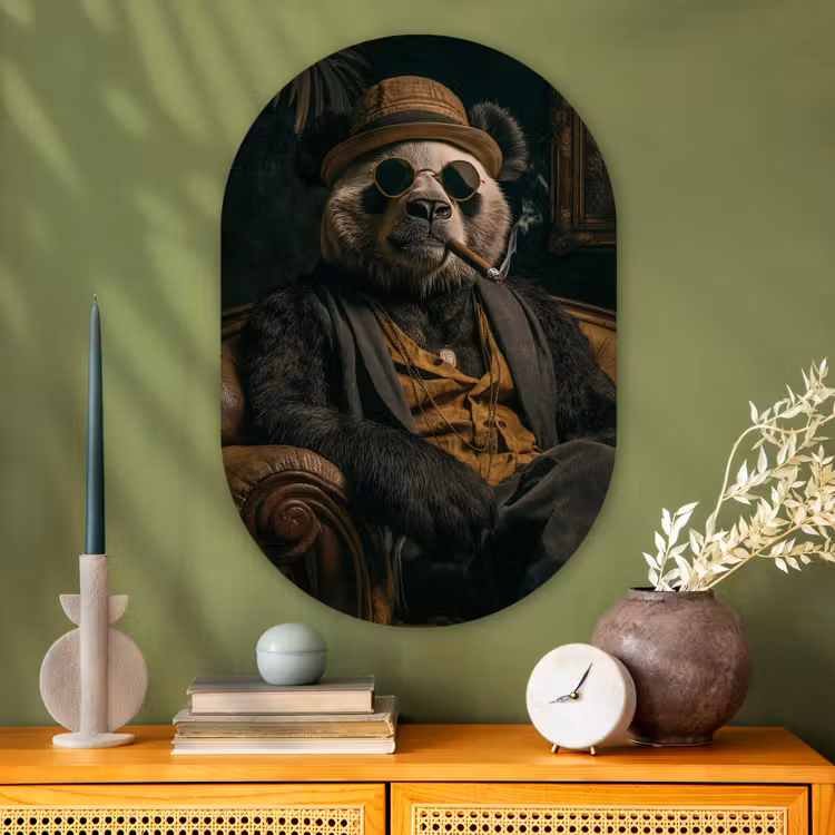 Muurovaal - Glas - Panda - Hoed - Bril - Pak — 2