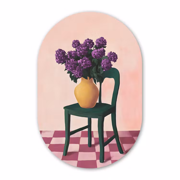 Muurovaal - Glas - Stoel - Vaas - Bloemen - Geblokt — 1