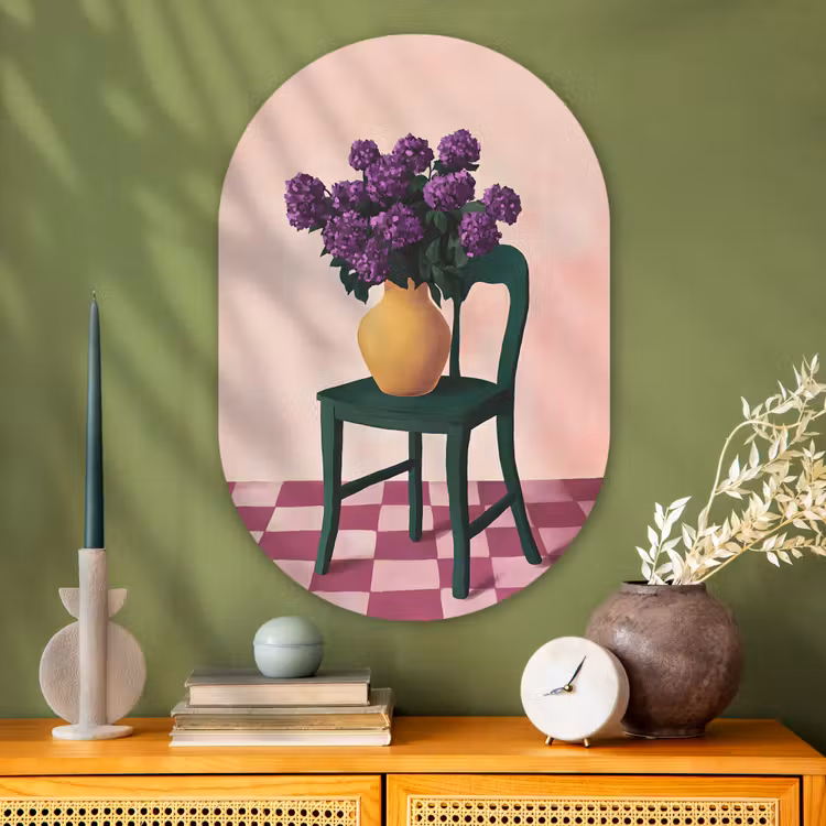 Muurovaal - Glas - Stoel - Vaas - Bloemen - Geblokt — 2