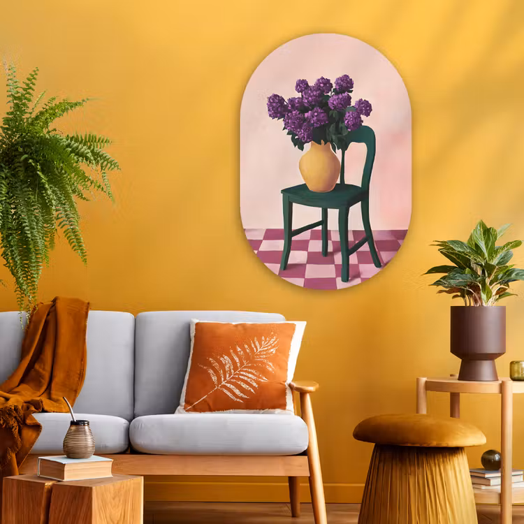 Muurovaal - Glas - Stoel - Vaas - Bloemen - Geblokt — 3
