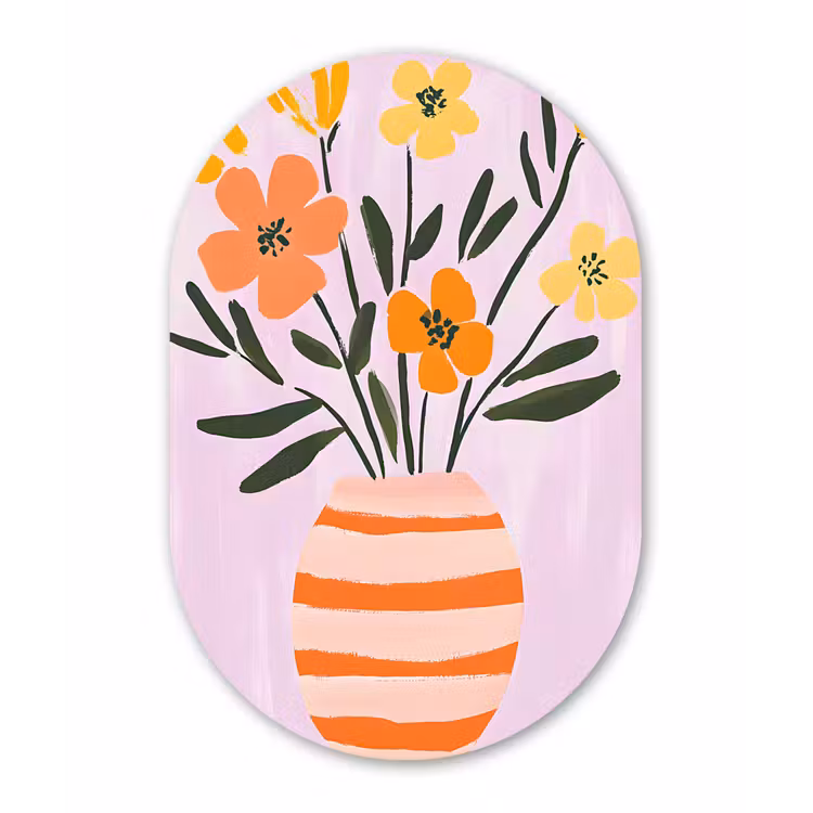 Muurovaal - Glas - Vaas - Gestreept - Bloemen - Oranje — 1
