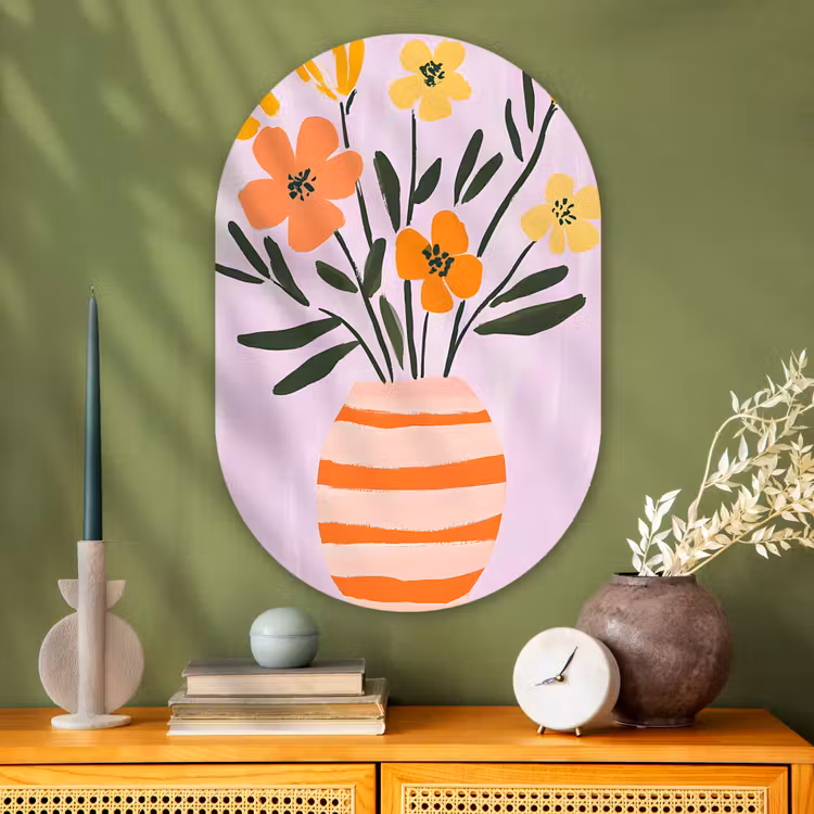 Muurovaal - Glas - Vaas - Gestreept - Bloemen - Oranje — 2