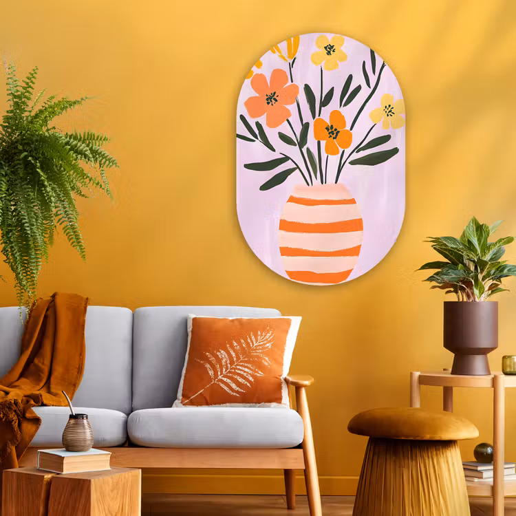 Muurovaal - Glas - Vaas - Gestreept - Bloemen - Oranje — 3