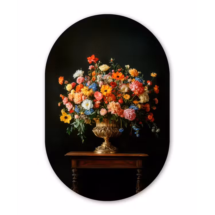 Muurovaal - Glas - Goud - Bloemen - Kleuren - Vaas — 1