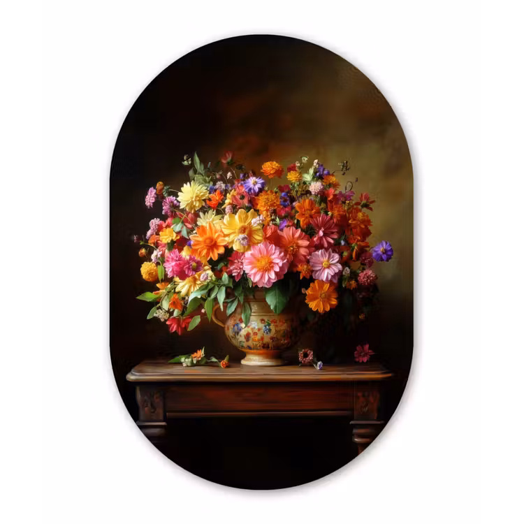 Muurovaal - Glas - Kleuren - Boeket - Vaas - Hout — 1