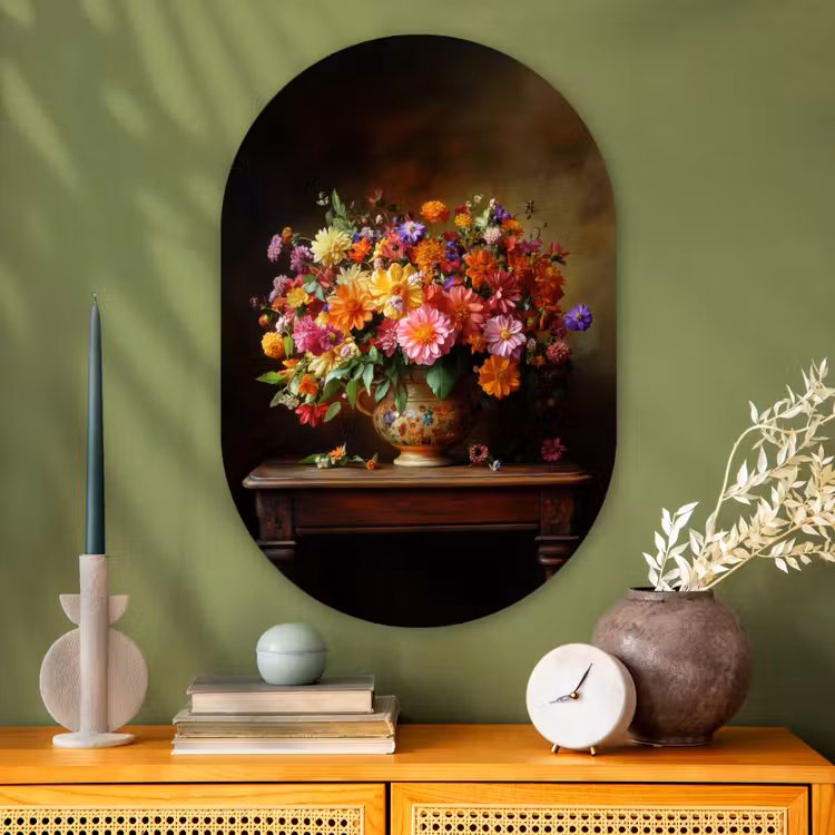 Muurovaal - Glas - Kleuren - Boeket - Vaas - Hout — 2