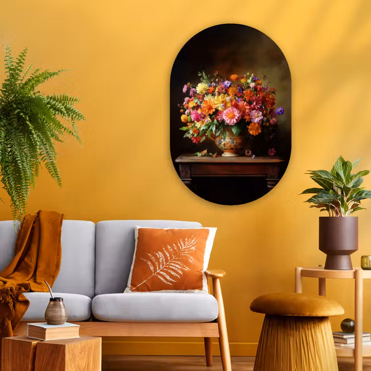 Muurovaal - Glas - Kleuren - Boeket - Vaas - Hout — 3