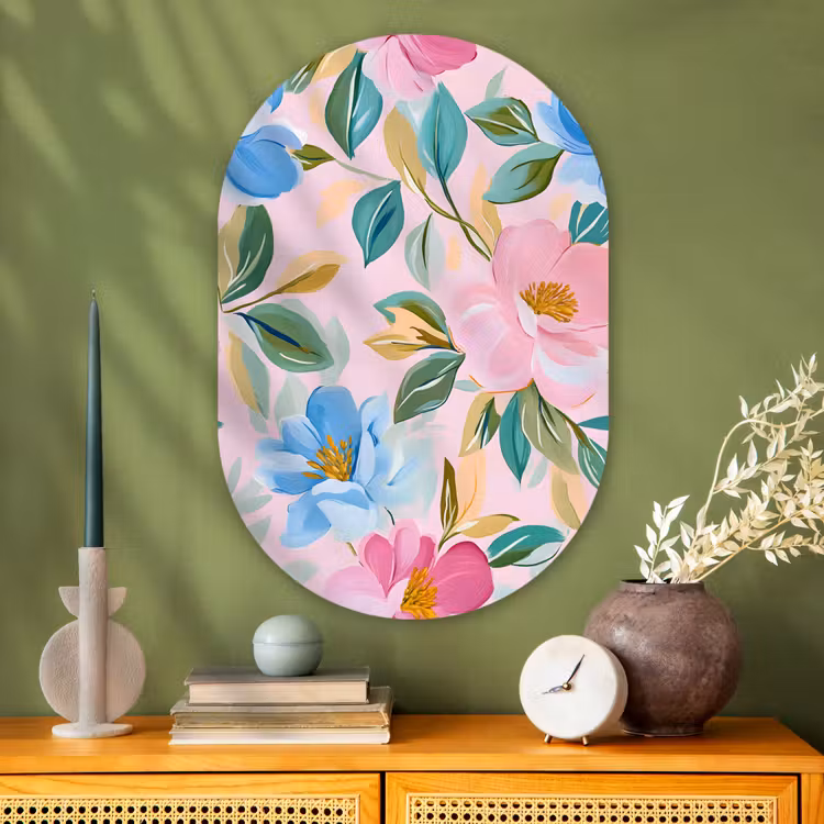 Muurovaal - Glas - Blauw - Roze - Bloemen — 2