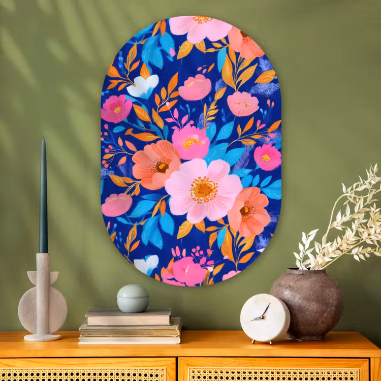 Muurovaal - Glas - Bloemen - Blauw - Roze — 2