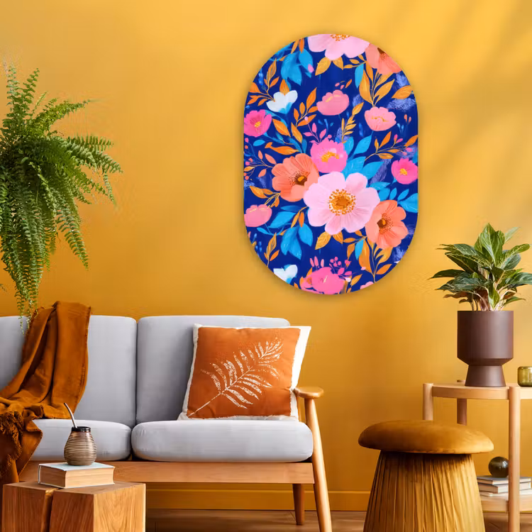 Muurovaal - Glas - Bloemen - Blauw - Roze — 3