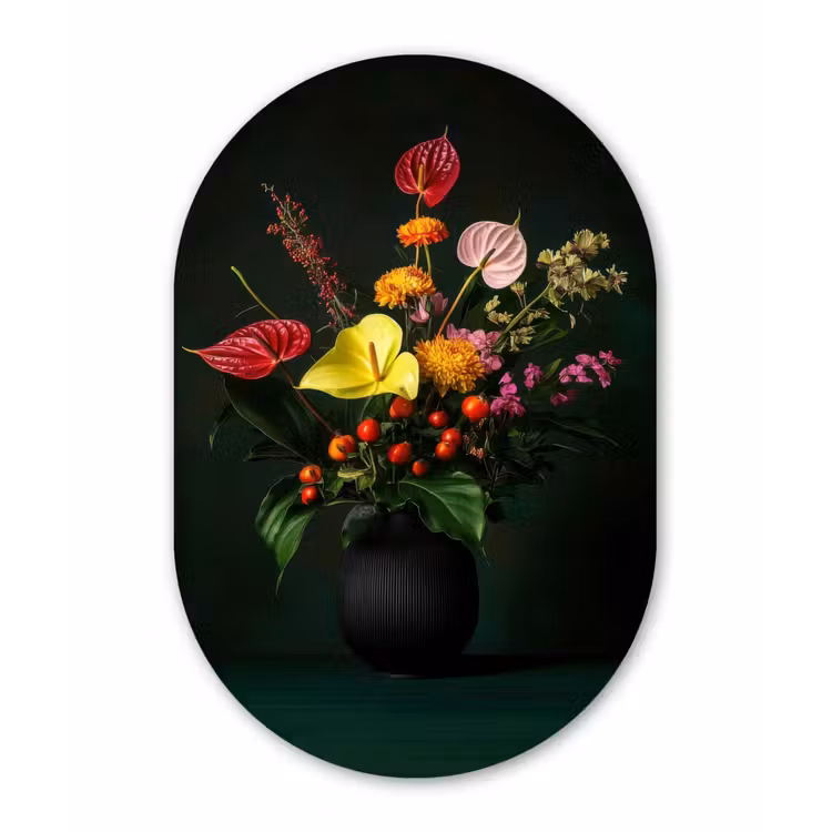Muurovaal - Glas - Bloemen - Vaas - Zwart — 1