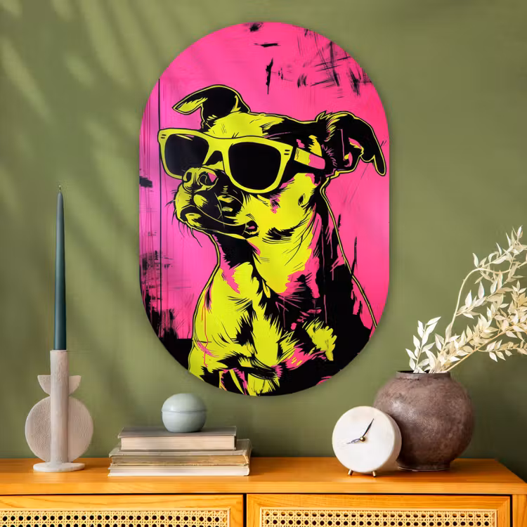 Muurovaal - Glas - Hond - Zonnebril - Roze - Art — 2