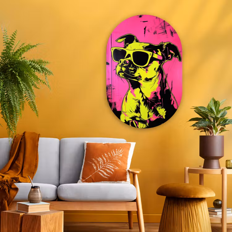 Muurovaal - Glas - Hond - Zonnebril - Roze - Art — 3