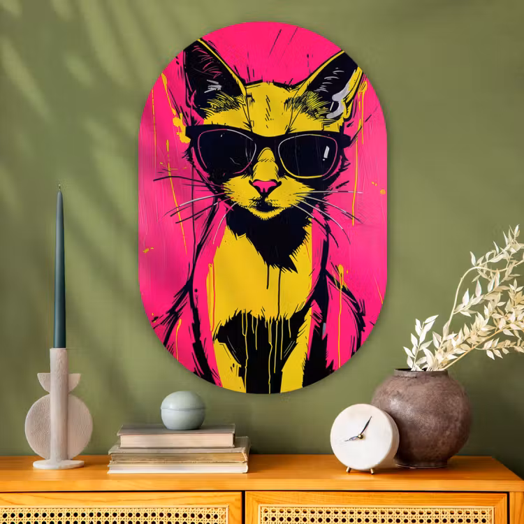 Muurovaal - Glas - Kat - Art - Zonnebril - Roze — 2