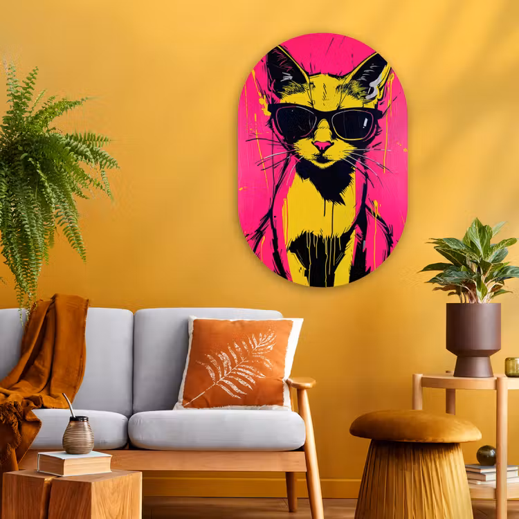 Muurovaal - Glas - Kat - Art - Zonnebril - Roze — 3