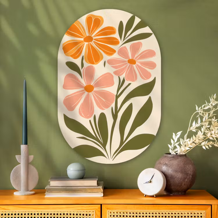 Muurovaal - Glas - Minimalistisch - Bloemen - Bladeren - Roze — 2