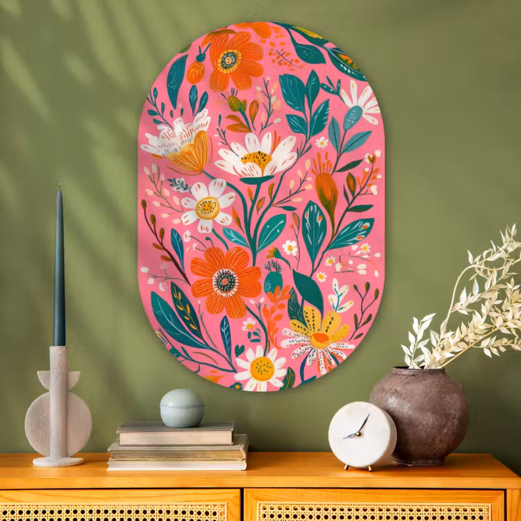 Muurovaal - Glas - Roze - Bloemen - Wit - Oranje — 2