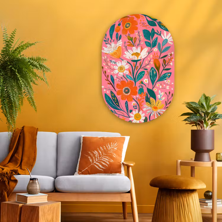 Muurovaal - Glas - Roze - Bloemen - Wit - Oranje — 3