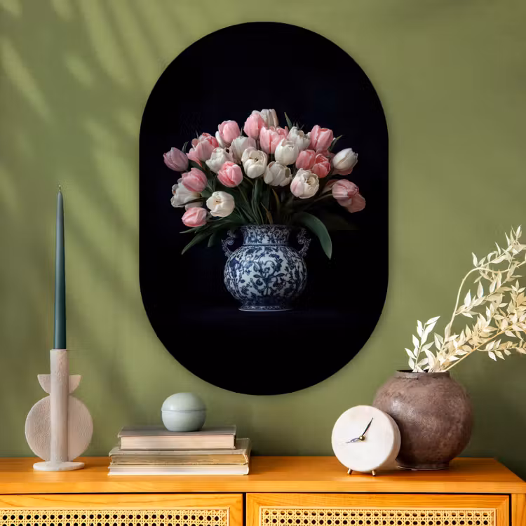 Muurovaal - Glas - Bloemen - Roze - Tulpen - Vaas — 2