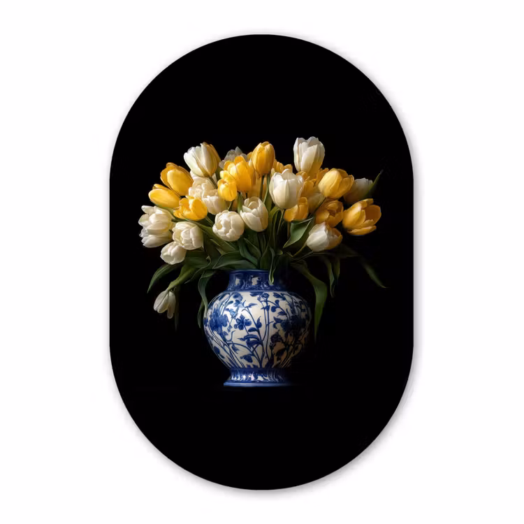 Muurovaal - Glas - Geel - Tulpen - Vaas - Bloemen — 1