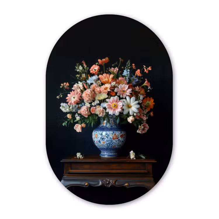 Muurovaal - Glas - Hout - Vaas - Kleuren - Bloemen — 1