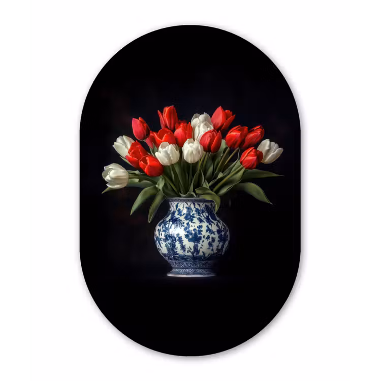 Muurovaal - Glas - Rode - Bloemen - Tulpen - Vaas — 1