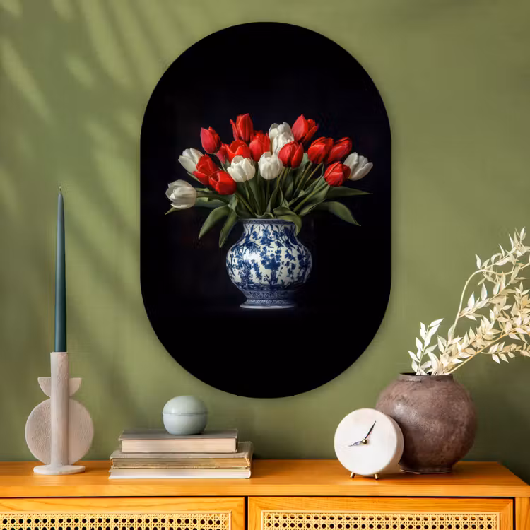 Muurovaal - Glas - Rode - Bloemen - Tulpen - Vaas — 2
