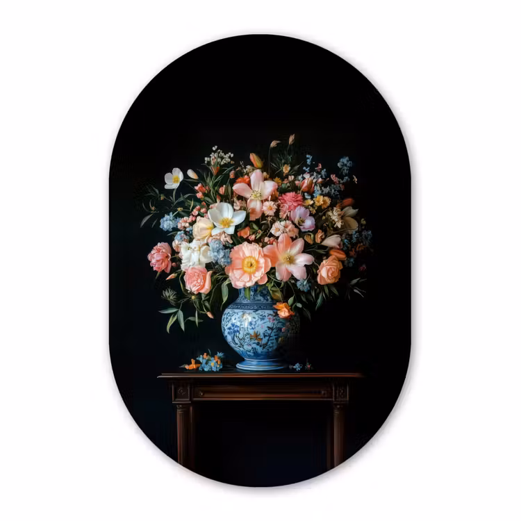 Muurovaal - Glas - Roze - Bloemen - Vaas - Kleuren — 1