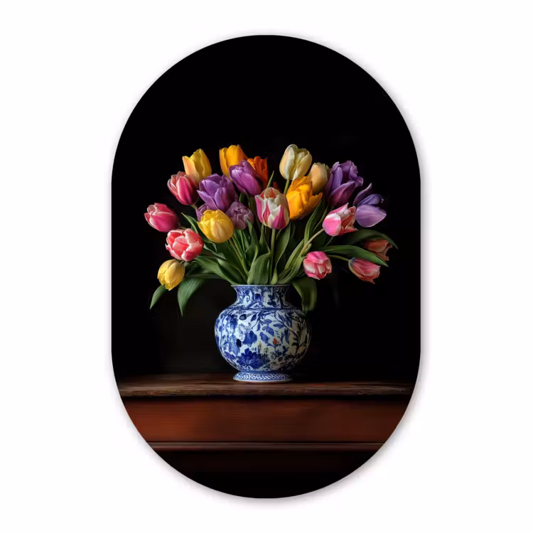 Muurovaal - Glas - Tulpen - Kleuren - Hout - Vaas — 1