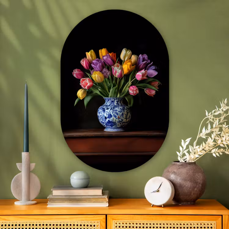 Muurovaal - Glas - Tulpen - Kleuren - Hout - Vaas — 2