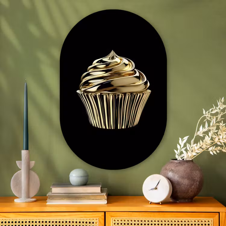Muurovaal - Glas - Cupcake - Eten - Goud - Zwart — 2
