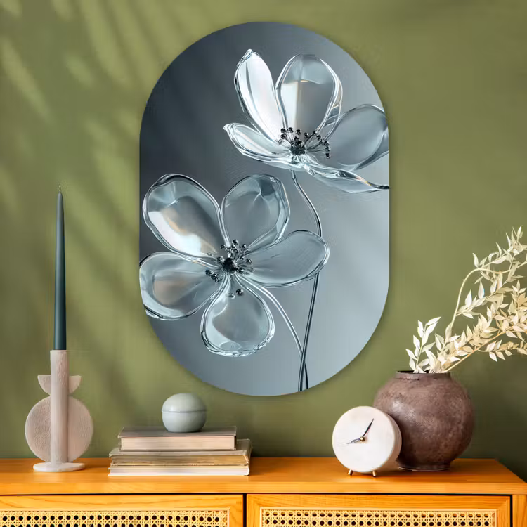 Muurovaal - Glas - Kristal - Bloemen - Grijs — 2