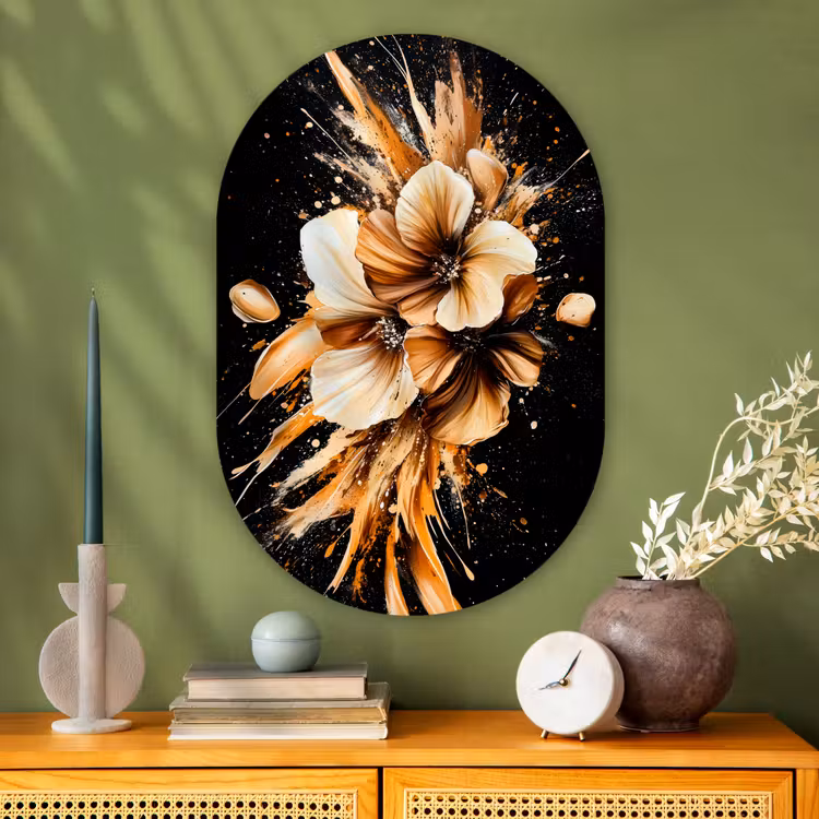 Muurovaal - Glas - Bloemen - Goud - Graffiti - Zwart - Abstract — 2