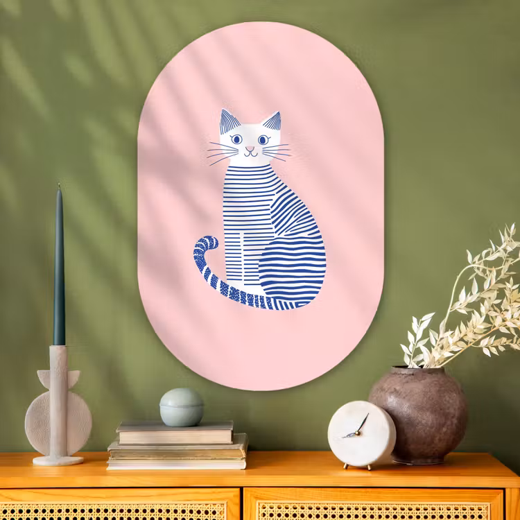 Muurovaal - Glas - Kat - Illustratie - Minimalistisch - Roze — 2