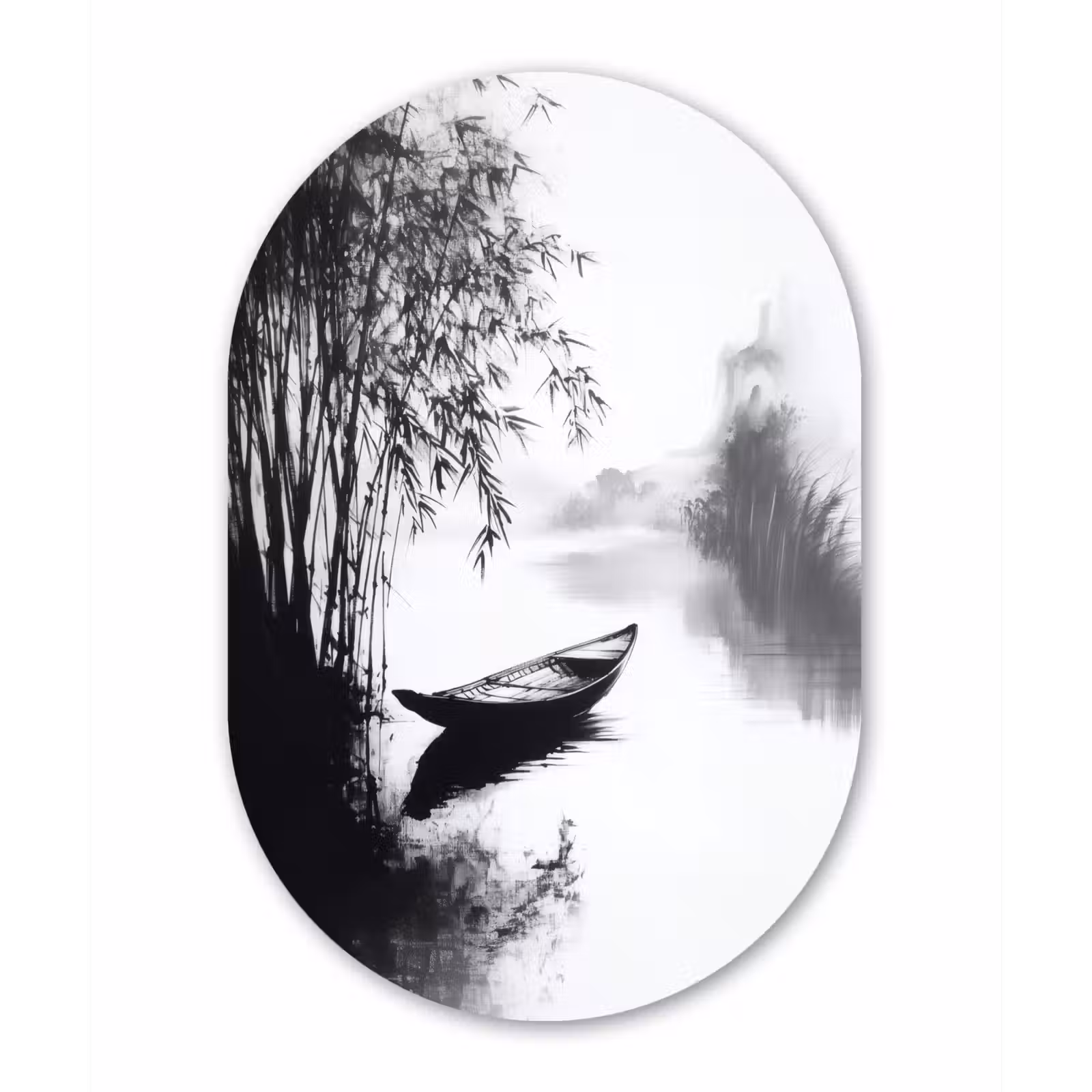 Muurovaal - Glas - Boot - Rivier - Bamboe - Wit — 1