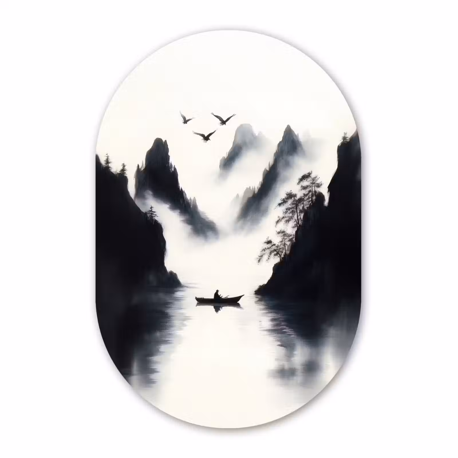 Muurovaal - Glas - Roeiboot - Mistig - Bergen - Vogels — 1