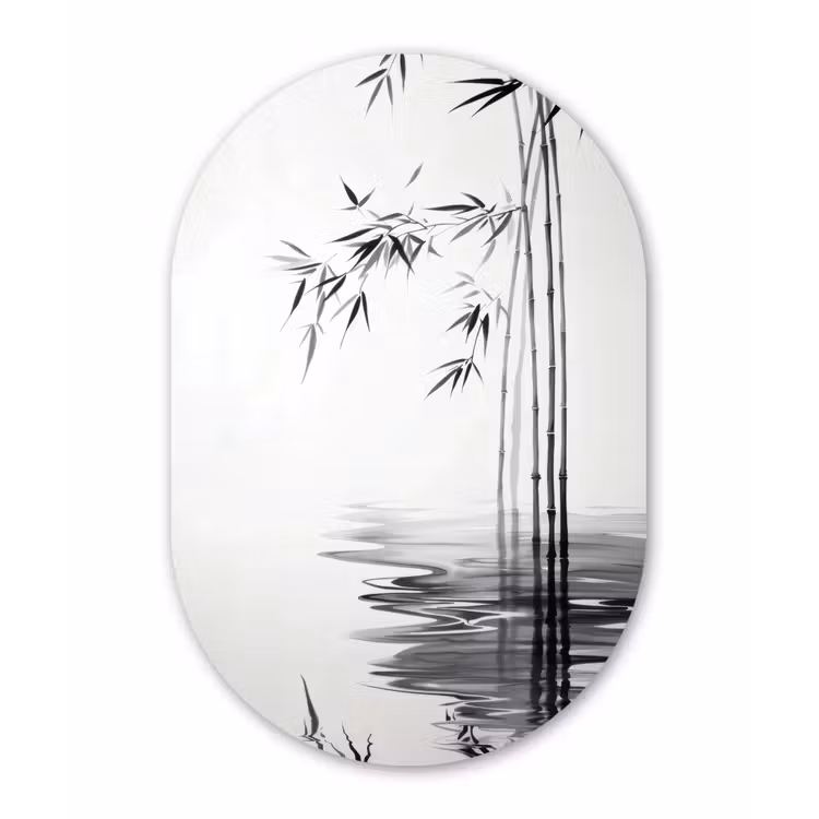 Muurovaal - Glas - Bamboestammen - Water - Minimalistisch - Wit — 1