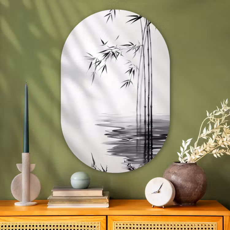 Muurovaal - Glas - Bamboestammen - Water - Minimalistisch - Wit — 2