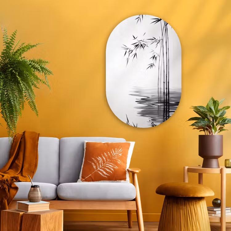 Muurovaal - Glas - Bamboestammen - Water - Minimalistisch - Wit — 3