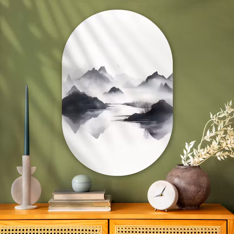 Muurovaal - Glas - Bergen - Mistig - Water - Wit — 2