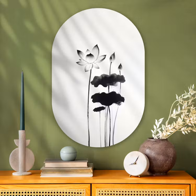 Muurovaal - Glas - Bladeren - Zwart - Lotusbloem - Minimalitisch — 2