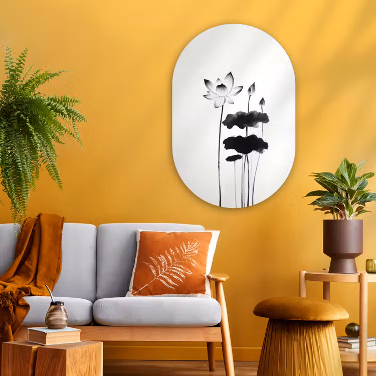 Muurovaal - Glas - Bladeren - Zwart - Lotusbloem - Minimalitisch — 3