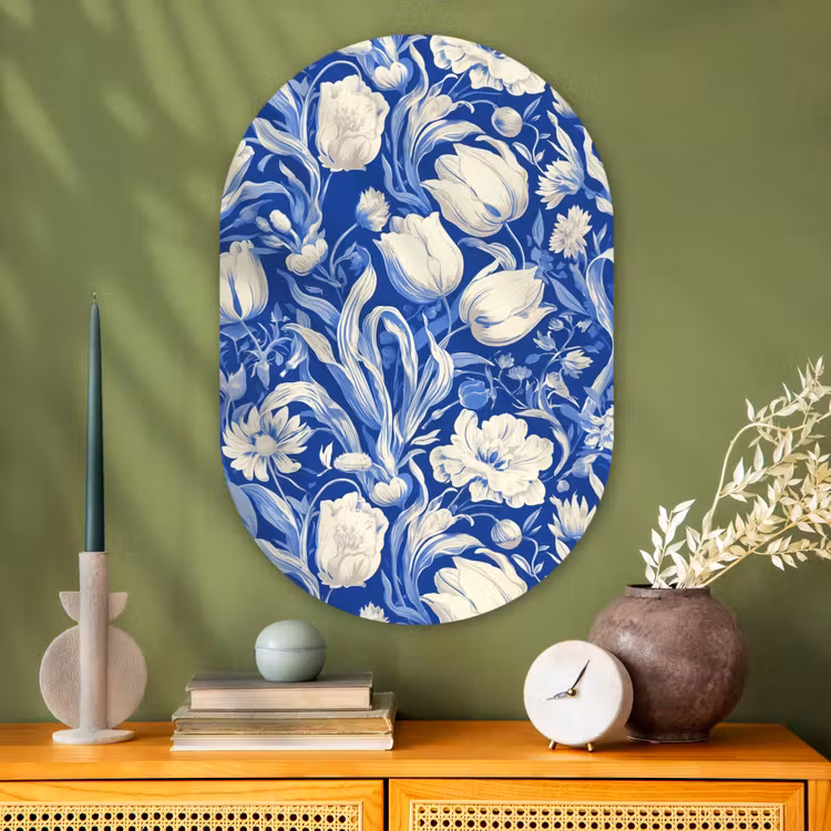 Muurovaal - Glas - Bloemen - Delfts Blauw - Patroon - Tulp — 2