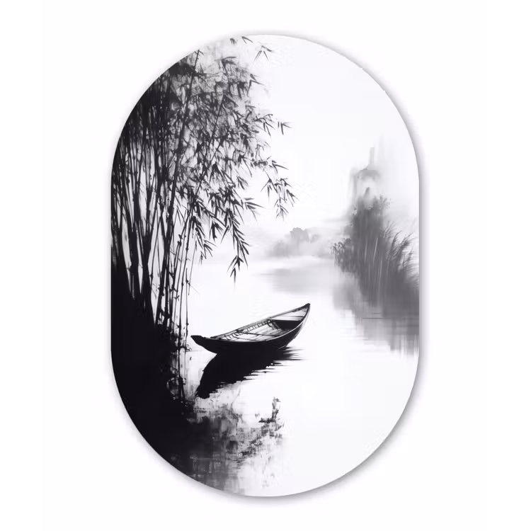 Muurovaal - Glas - Boot - Rivier - Bamboe - Wit — 1