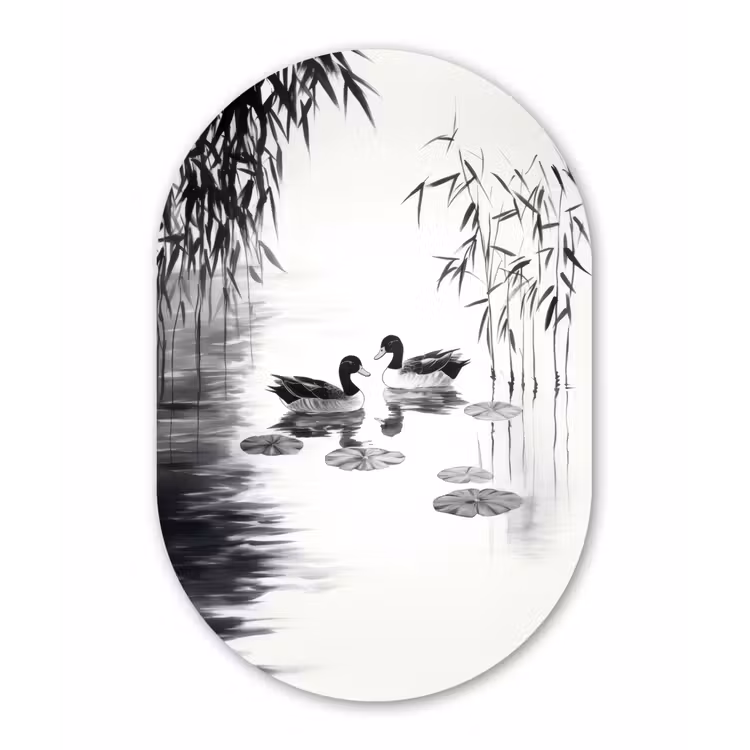 Muurovaal - Glas - Eenden - Waterlelies - Riet - Zwart — 1
